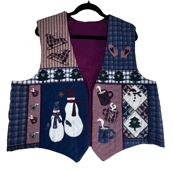 Handmade Tops - Vtg Handmade Quilted Vest Womens LG Patchwork Welcome Winter Snowman Skates Tree